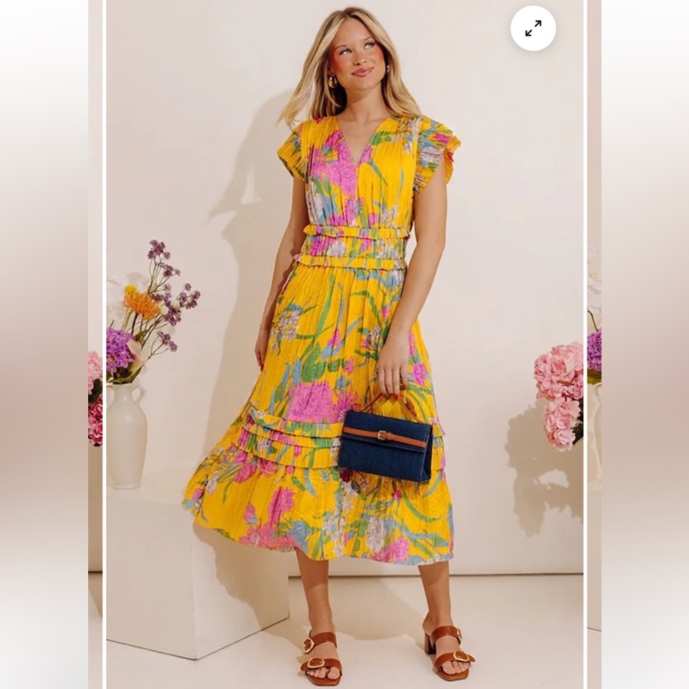 Current Air Women’s S Golden Floral Sereia Botanical Motif Pleated Midi Dress